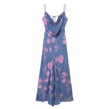 Women Slip Maxi Dress Slim Fit Draped Collar Printing