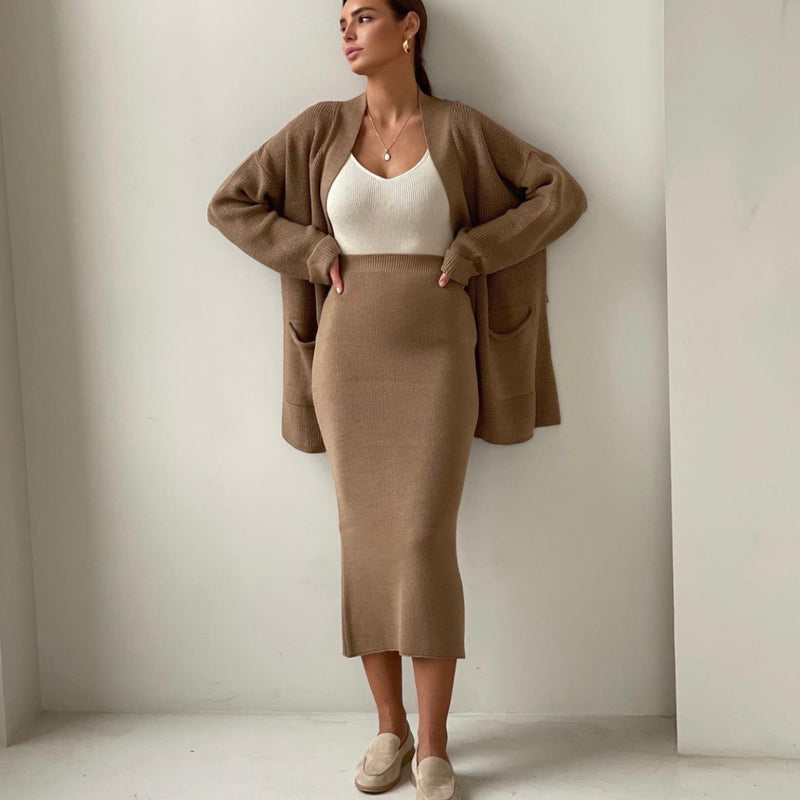 "Women's High-Waisted Knitwear Skirt & Sweater Set"