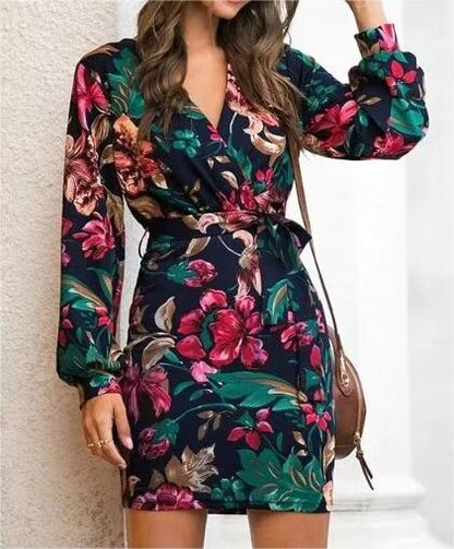 Women Mature V Neck Long Sleeve Printed Dress