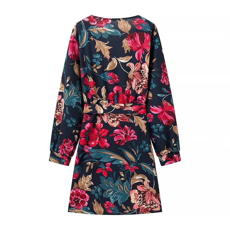 Women Mature V Neck Long Sleeve Printed Dress