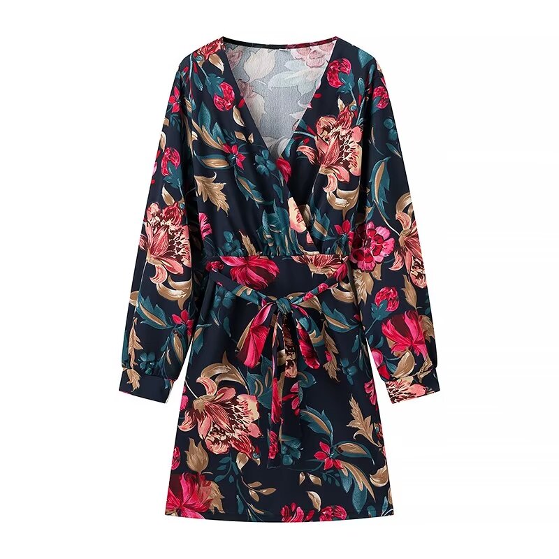 Women Mature V Neck Long Sleeve Printed Dress