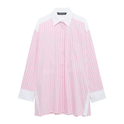 Women Shirt Top Striped Color Turnover Neck