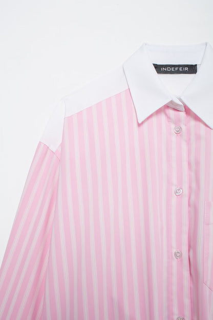 Women Shirt Top Striped Color Turnover Neck