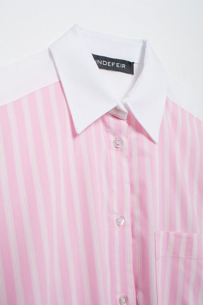 Women Shirt Top Striped Color Turnover Neck