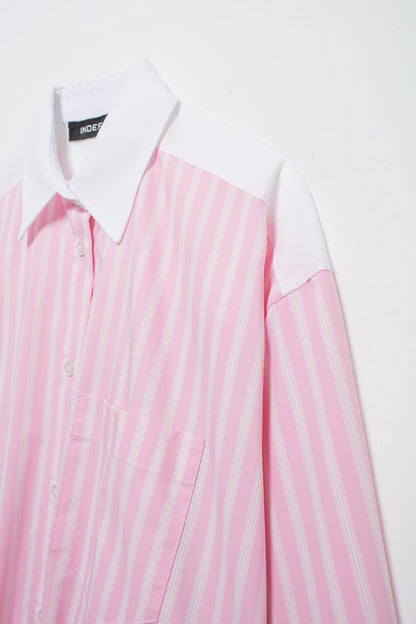 Women Shirt Top Striped Color Turnover Neck