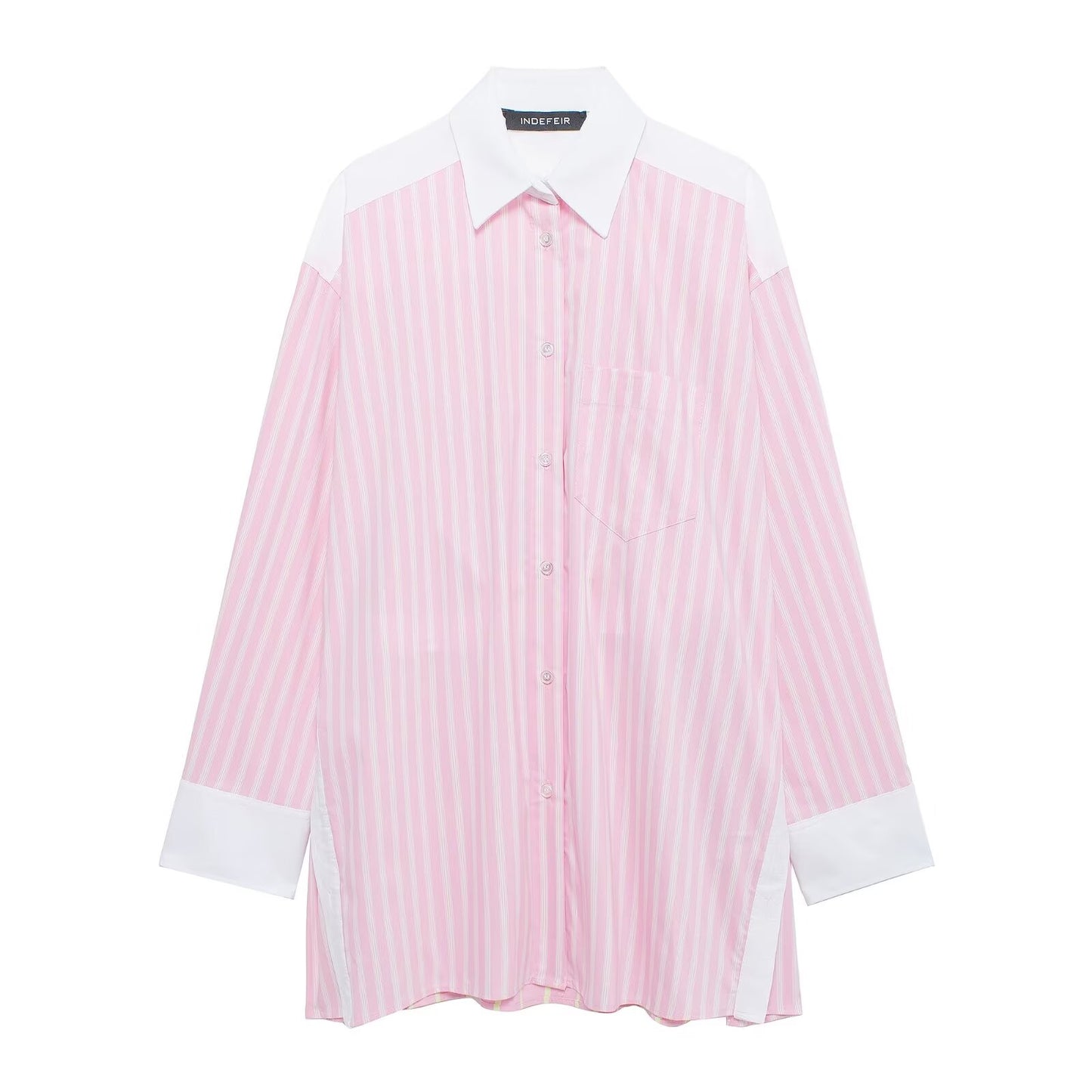 Women Shirt Top Striped Color Turnover Neck