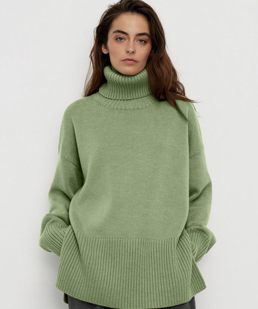 Women Slit Loose Knit High Collar Sweater