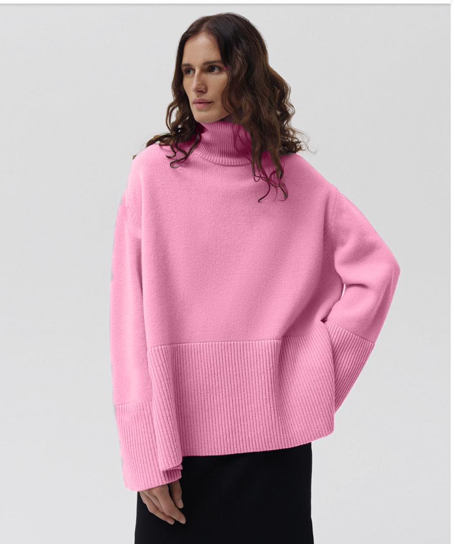 Women Slit Loose Knit High Collar Sweater