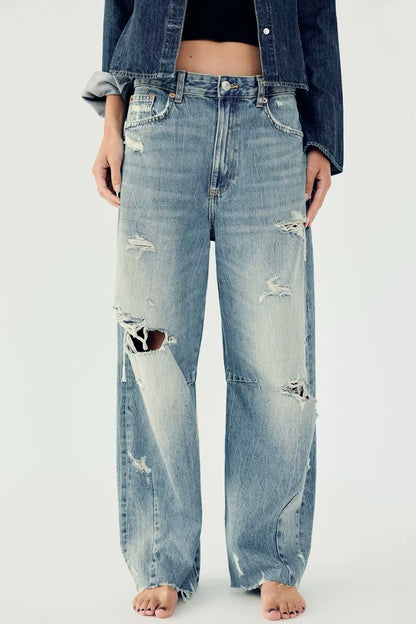 Women Ripped High Waist Jeans Decoration