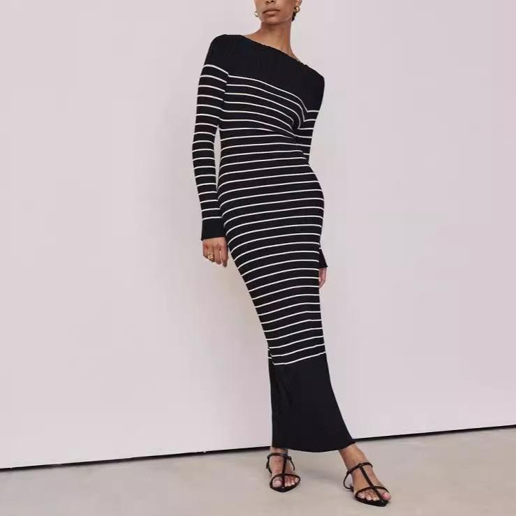 Elegant round Neck Horizontal Striped Dress