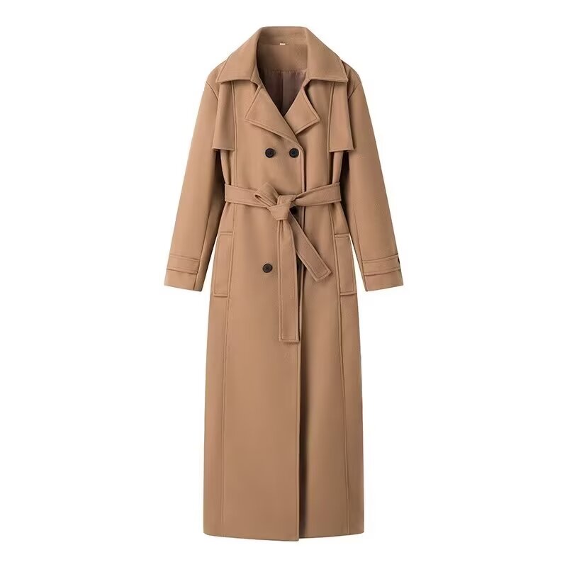 Women Casual Long Belt Woolen Coat