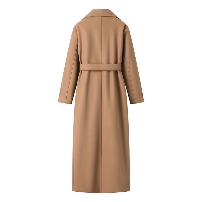 Women Casual Long Belt Woolen Coat