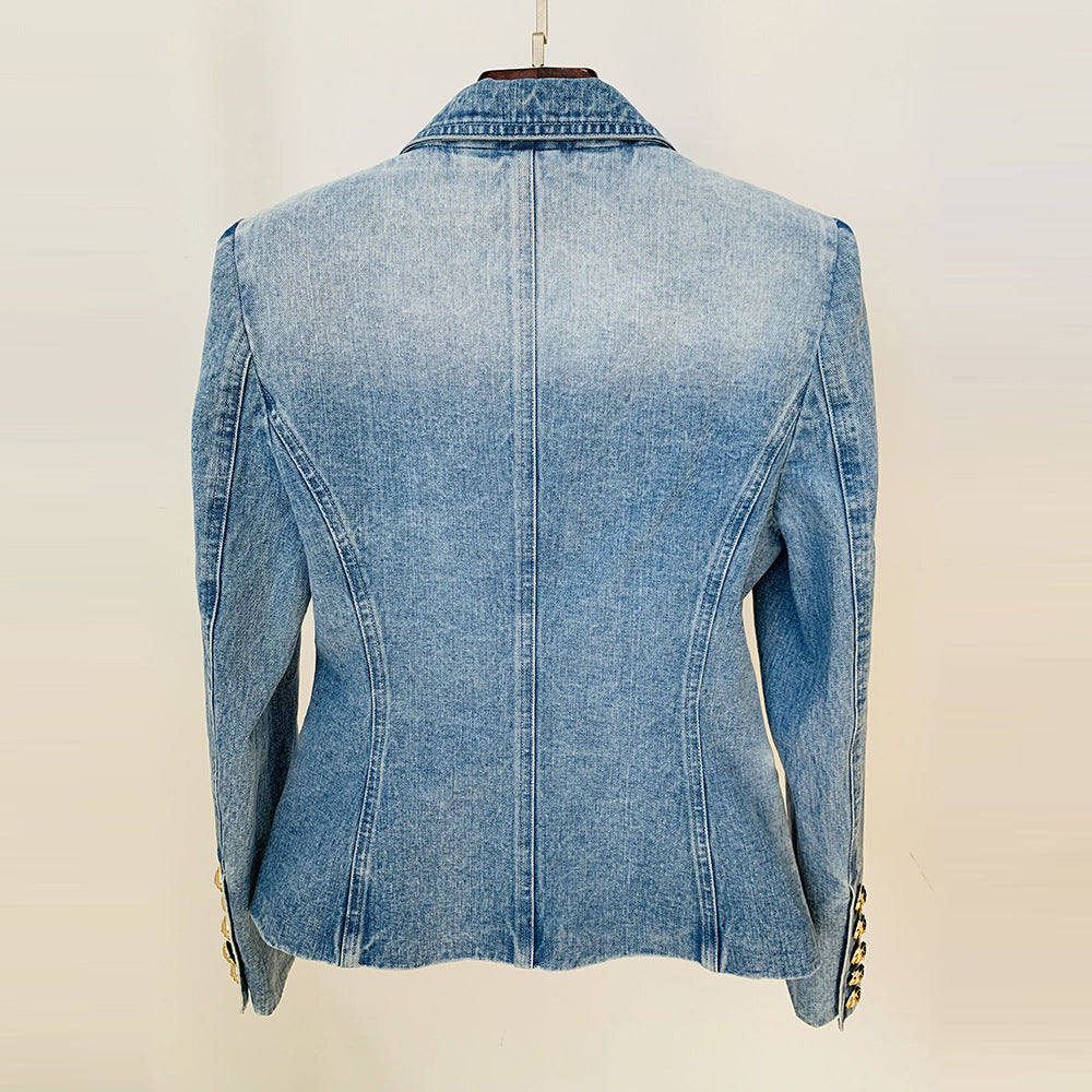 Double Breasted Denim Blazer Lion Button