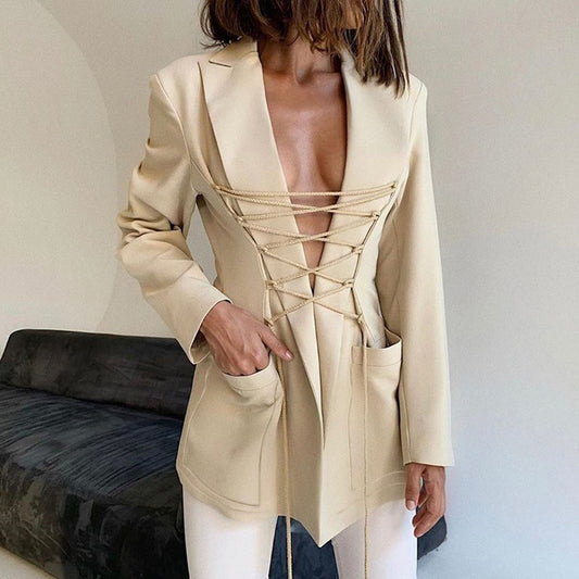 Lace up Office Skin Color Blazer Coat