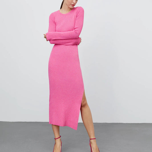 "High Waist Split Crew Neck Knitted Dress"