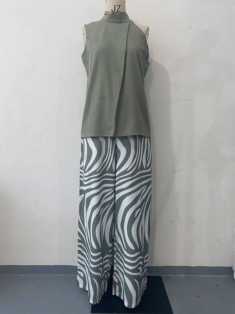 Zebra Print Wide Leg Pants Two Piece Set