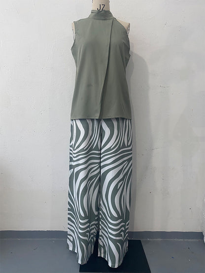 Zebra Print Wide Leg Pants Two Piece Set