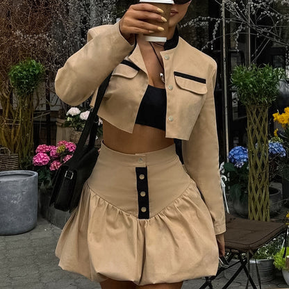 Women Cropped Skirt & Jacket Two Piece Set