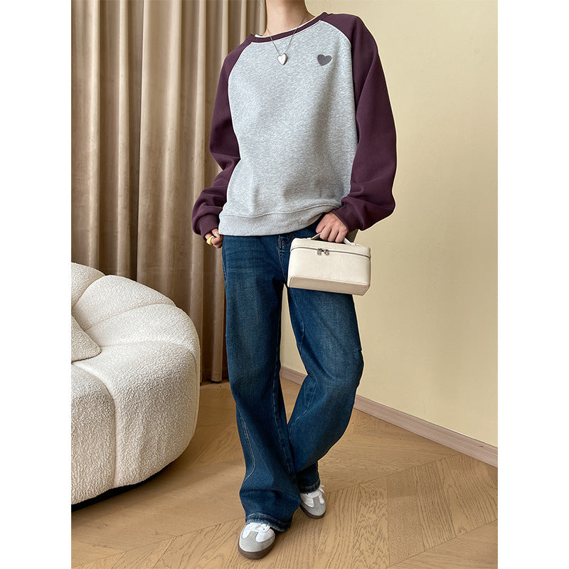 "Casual Love Embroidered Raglan Sleeve Fleece Pullover"