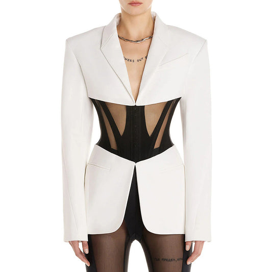 Slim Fit Patchwork Blazer with Sheer Mesh