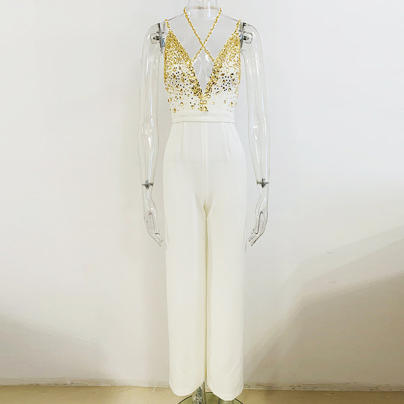 V-Strap Jumpsuit Beaded Sequined