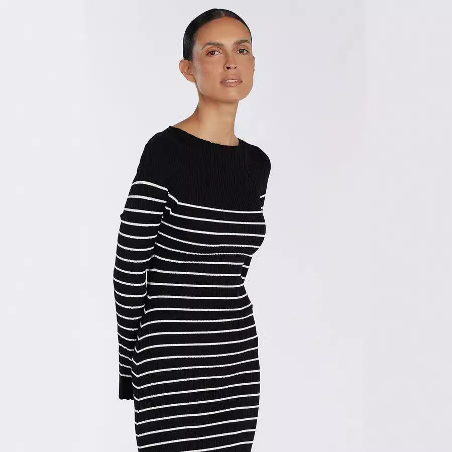 Elegant round Neck Horizontal Striped Dress