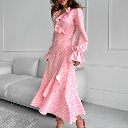 Pink Ruffled V Neck Flared Sleeves Fishtail Dress