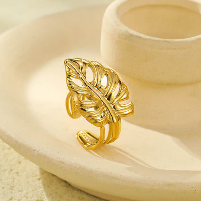 "Ginkgo Leaf Titanium Ring & 18K Gold Bracelet for Women"