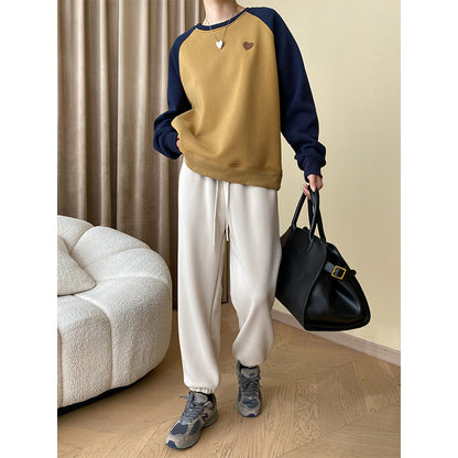 "Casual Love Embroidered Raglan Sleeve Fleece Pullover"