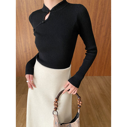 "Chic Slim Fit Knitwear with Stand-Up Collar and Elegant Buckle Detail"