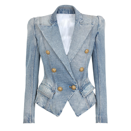 Double Breasted Denim Blazer Lion Button