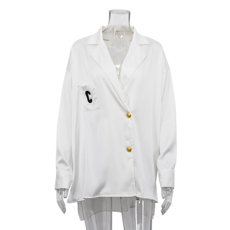 Women White Satin Drape Shirt Long Sleeve