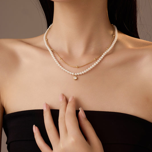 "Double Chain Pearl & Zircon Titanium Necklace – 18K Clavicle Chain"