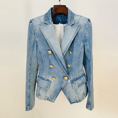 Double Breasted Denim Blazer Lion Button