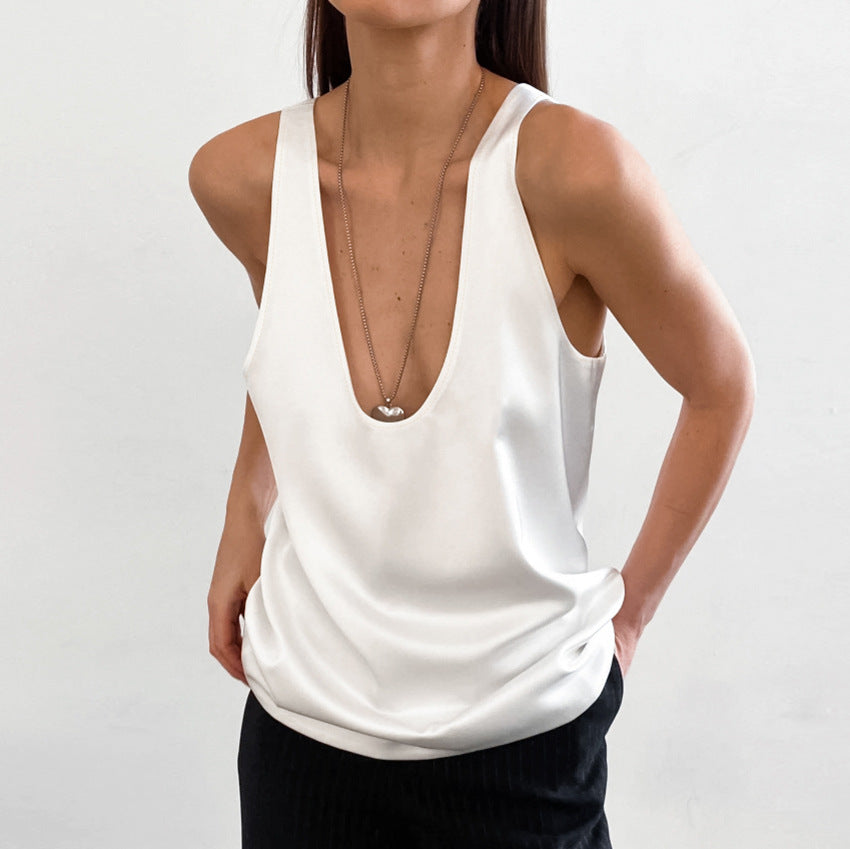 Women Satin U Neck T Shirt Sleeveless Vest