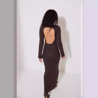 Backless Knitted Dress Bell Sleeve Slim Fit Woolen round Neck