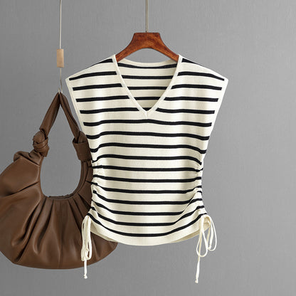 Drawstring Blouse Short V Neck Top