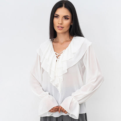 V neck Lace up Loose Shirt Top