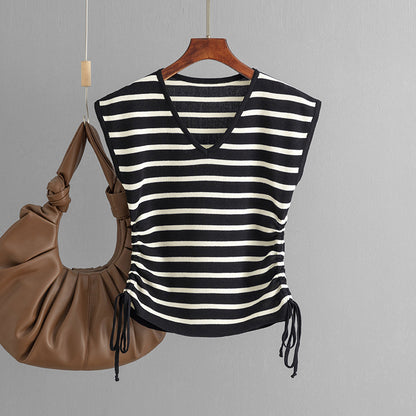 Drawstring Blouse Short V Neck Top