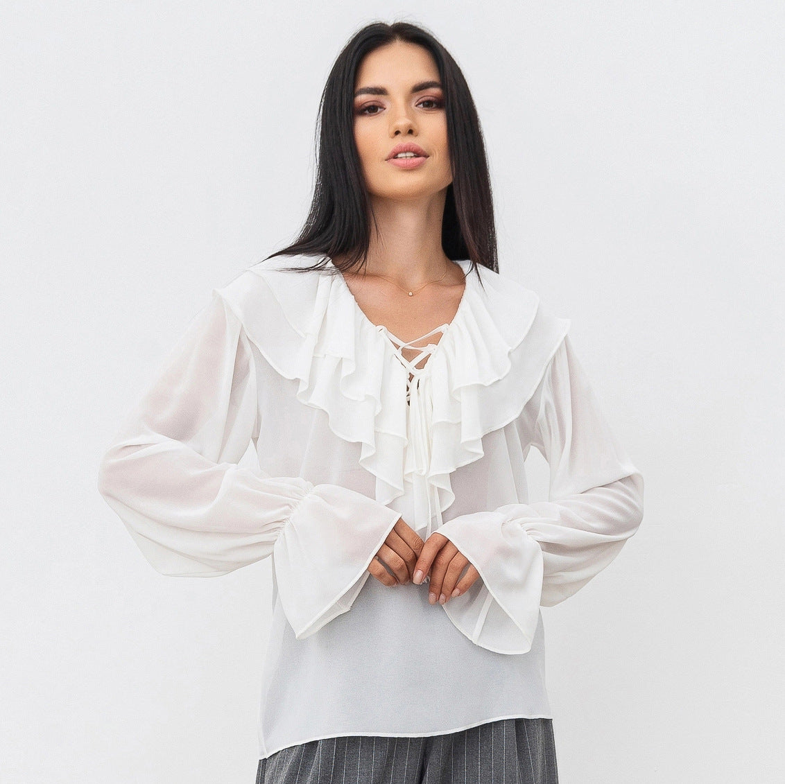 V neck Lace up Loose Shirt Top