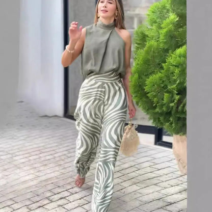 Zebra Print Wide Leg Pants Two Piece Set