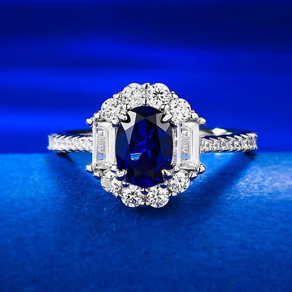 Women 925  Silver Sapphire 5*7 Oval Ring Full Diamond