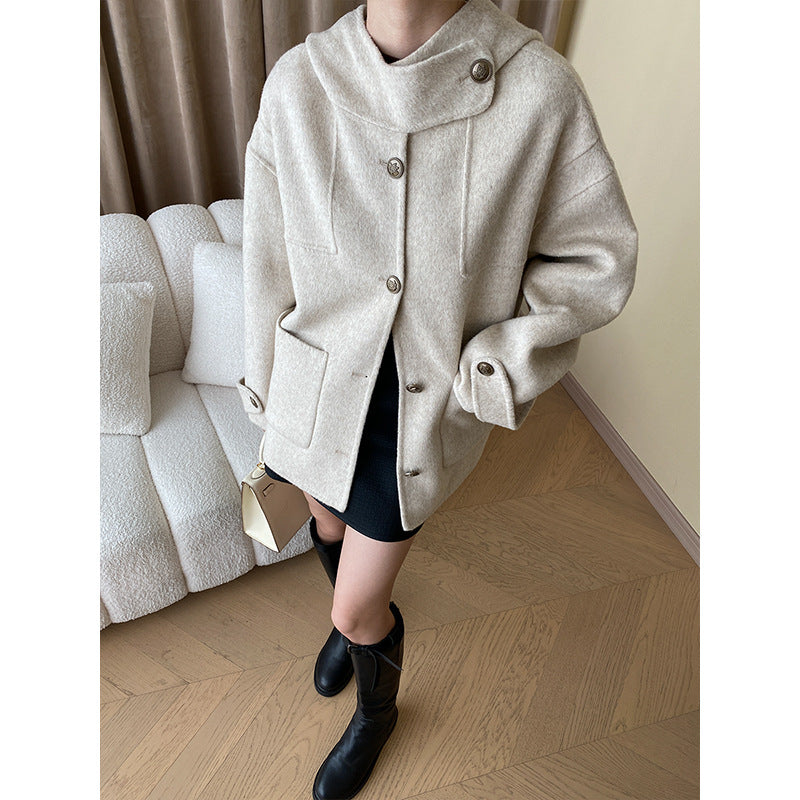 Woolen  Hooded Overcoat with Double-Faced Cape"