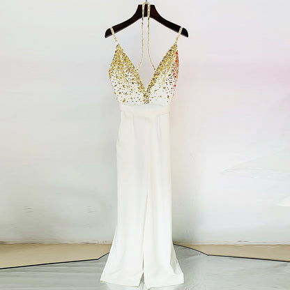 V-Strap Jumpsuit Beaded Sequined