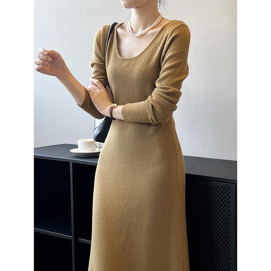 Women U Collar Sweater Dress High Waist Solid Color