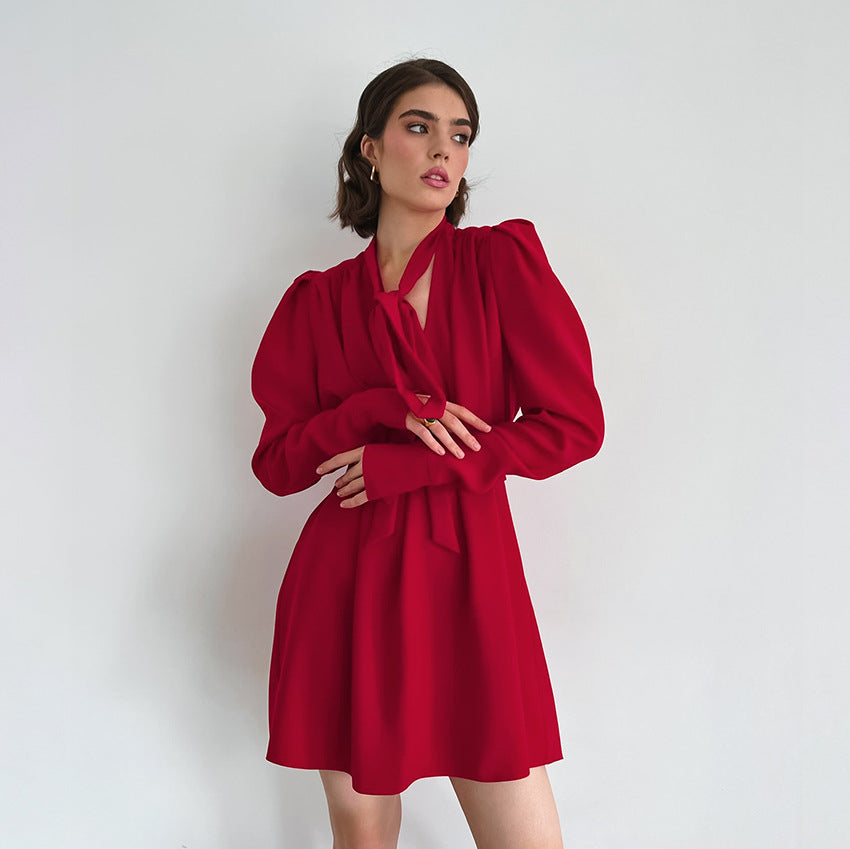 Women Puff Sleeve Dress V Neck