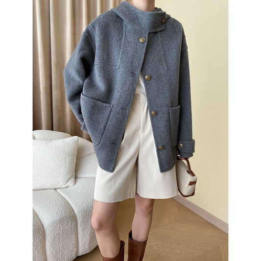 Woolen  Hooded Overcoat with Double-Faced Cape"