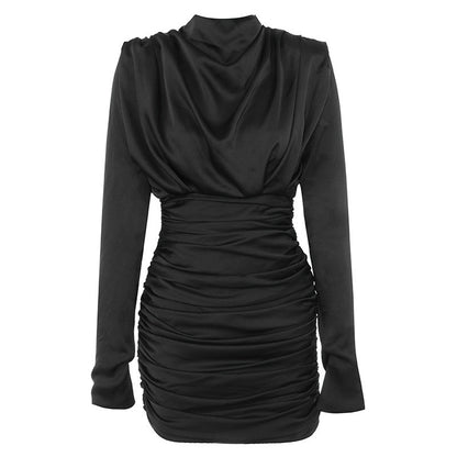 Women Pleated Dress Black High Collar