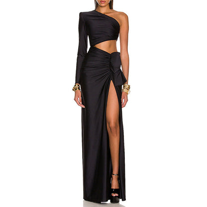 Maxi Dress Gathering Single Side Sleeve