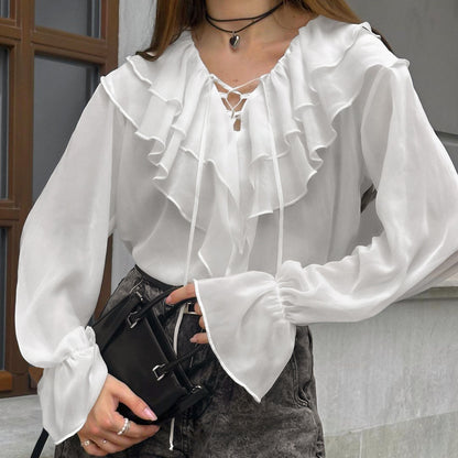 V neck Lace up Loose Shirt Top